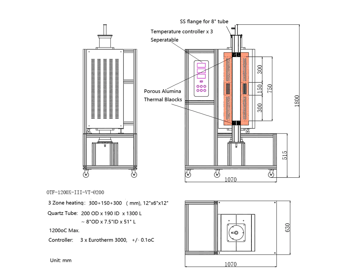 1200°C Large Vertical Tube Furnace with 8'' or 11" Quartz tube & Vacuum Flange - OTF-1100X-III-VT - Image 5
