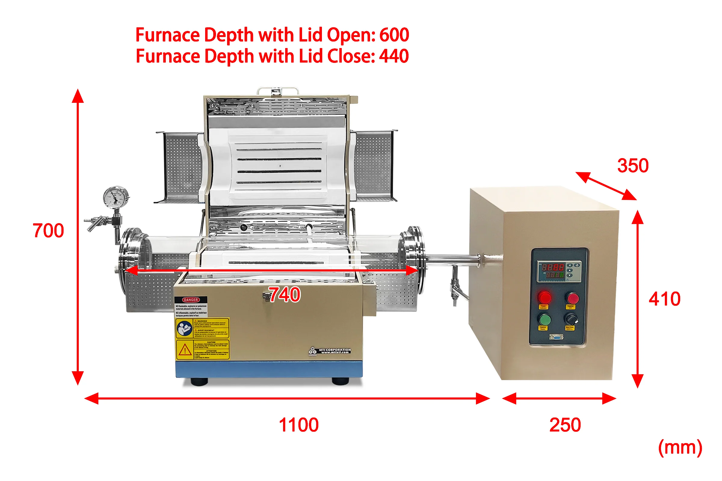 1100C Hydrogen Gas Tube Furnace with 5" Quartz Tube with H2 Detecting System - OTF-1200X-S5-H2 - Image 3